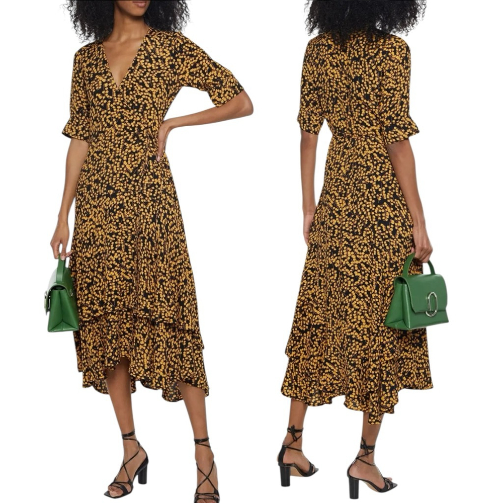 Ganni Anna Printed Crepe Midi Wrap Dress Yellow Floral Size 32 US 0 fits 4 NWT